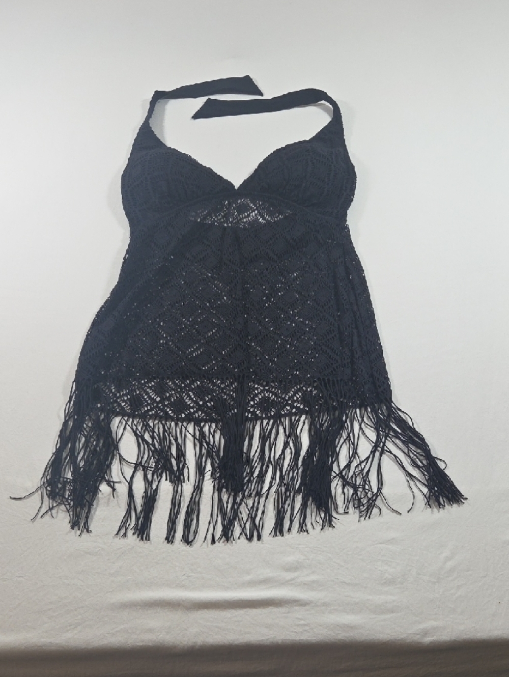 Crochet Halter Fringe Tank Top Swim Top Navy Blue Padded Summer Beach - Picture 11 of 11